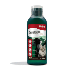 Bioline Norwegian Salmon Oil 250ml, a supplement rich in Omega-3 and Omega-6 for healthy skin, coat, and joints in cats and dogs.