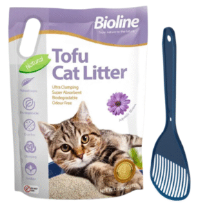 Bioline Tofu Cat Litter 7L (aquatic bloom scent) and Moderna Cat Litter Scoop combo, offering an eco-friendly, fresh-scented, and easy-to-clean solution for your cat's litter box.