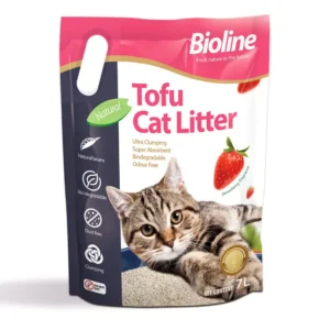 Bioline Tofu Cat Litter 7L with a strawberry fragrance, known for its low dust and excellent clumping abilities.