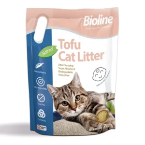 Bioline Tofu Cat Litter 7L with a baby powder fragrance, known for its low dust and excellent clumping abilities.