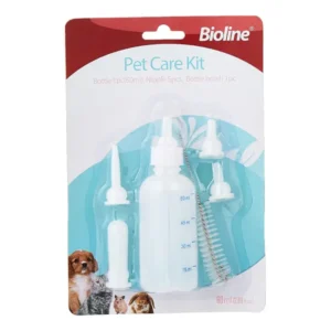 Bioline Feeding Bottle Kit 60ml, showing a feeding bottle with nipples and a brush, emphasizing its use for feeding newborn puppies, kittens, and small animals.