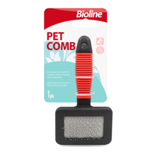 Bioline Pet Comb Size S, showing a small-sized grooming comb with a comfortable handle and stainless steel teeth, suitable for cats and small dogs.