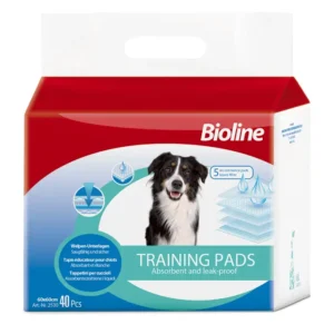 Bioline Training Pads 60x60cm, 40 pieces, showing a stacked view of the absorbent, leak-proof pet training pads.