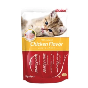 Bioline Cat Treats 90g bag with Chicken flavor, showing the treats and a happy cat, emphasizing its delicious poultry taste.