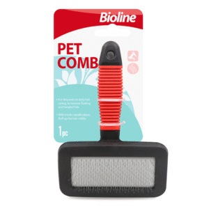 Bioline Pet Comb Size M, showing a medium-sized grooming comb with a comfortable handle and stainless steel teeth for detangling and shedding.