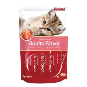 Bioline Cat Treats 90g bag with Bonito flavor, showing the treats and a happy cat, emphasizing its delicious seafood taste.