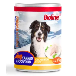 Bioline Canned Dog Food 375g with chicken meat, a high-protein, complete and balanced wet food for adult dogs.
