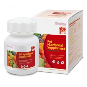 Bioline Pet Nutritional Supplement Microelement Capsules for Dogs 160 Count bottle, showing capsules, emphasizing essential vitamins and minerals for canine health.