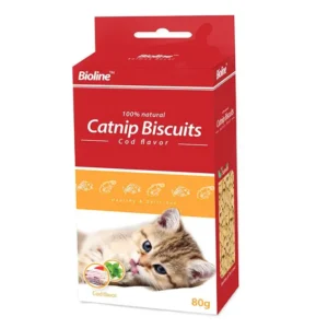 Bioline Catnip Biscuits 80g bag with Cod flavor, showing treats and a happy cat, emphasizing its catnip content and seafood taste.
