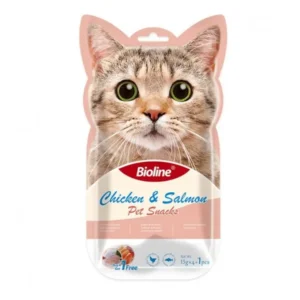 Bioline Cat Treats 5x15g with Chicken Salmon flavor, showing the product packaging with individual lickable treat tubes.