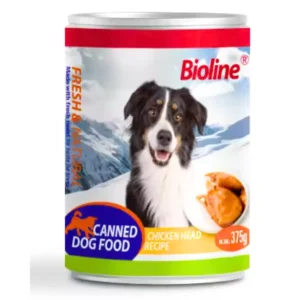 Bioline Canned Dog Food 375g with chicken head, a high-protein, complete and balanced wet food for adult dogs