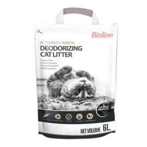 Bioline Deodorizing Cat Litter 6L bag, showing the product label with emphasis on odor control.