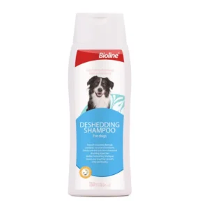 Bioline De-shedding Shampoo for Dogs 250ml bottle, showing rich lather on a dog's fur, emphasizing its hair reduction benefits.