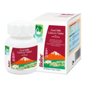 Bioline Goat's Milk Calcium Tablets 160 Count bottle, showing tablets and happy dog/cat, emphasizing strong bones for pets of all ages.
