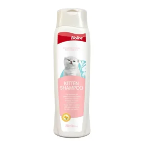 Bioline Kitten Shampoo 200ml bottle, showing a cute kitten being gently bathed, emphasizing its tear-free and gentle formula.