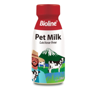 Bioline Pet Milk 220ml bottle, a lactose-free nutritional drink suitable for both cats and dogs.