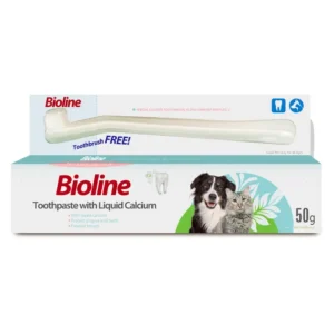 Bioline Toothpaste with Liquid Calcium 50g tube, designed for pet dental hygiene to strengthen teeth and freshen breath.