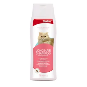 Bioline Long Hair Shampoo for Cats 250ml bottle, showing a long-haired cat with beautiful, flowing fur, emphasizing its detangling and conditioning benefits.