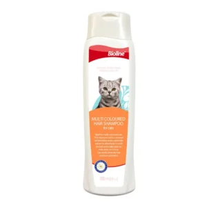 Bioline Multi-Coloured Hair Shampoo for Cats 200ml bottle, showing a vibrant, well-groomed cat's fur, highlighting its color-enhancing benefits.
