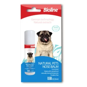 Bioline Natural Pets Nose Balm 20ml container, showing its application to a pet's nose, emphasizing its soothing and protective qualities for dry and cracked noses.