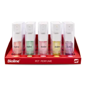 Box containing 15 small 10ml bottles of Bioline Pet Perfume, designed to provide a fresh fragrance for dogs and cats.