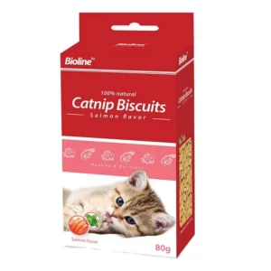 Bioline Catnip Biscuits 80g bag with Salmon flavor, showing treats and a happy cat, emphasizing its catnip content and seafood taste.