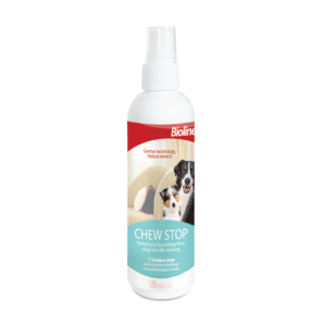 Bioline Chew Stop 120ml bottle, illustrating its use to prevent pets from chewing on household items, emphasizing its bitter taste.