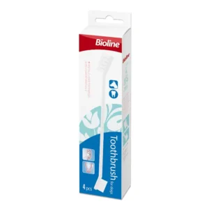 Bioline Toothbrush Set for Dogs, containing four dental tools including a finger toothbrush and double-headed brush, for comprehensive canine oral hygiene.