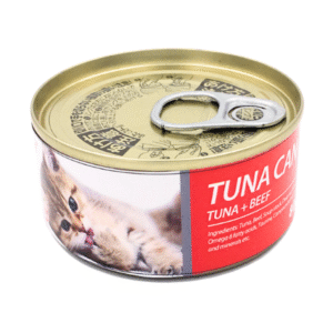Bioline Cat Tuna Can 85g with Tuna & Beef flavor, highlighting it as delicious wet cat food for felines.