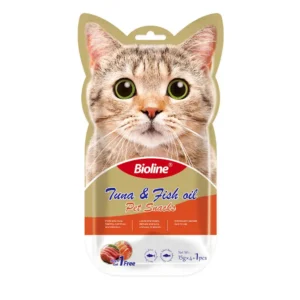 Bioline Cat Treats 5x15g with Tuna Scallop flavor, showing the product packaging with individual lickable treat tubes.