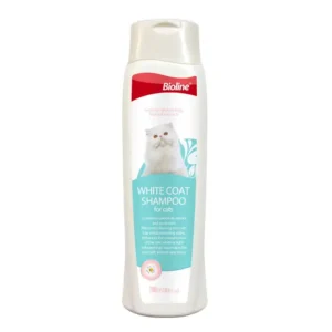 Bioline White Coat Shampoo for Cats 200ml bottle, showing a fluffy white cat with a gleaming coat, emphasizing its brightening and stain-removing benefits.