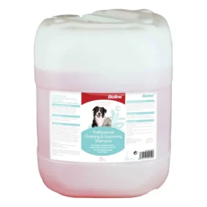 Bioline Professional Cleaning & Grooming Shampoo 20kg container, showing a clean, happy dog and cat, emphasizing a concentrated, low-stimulation formula for deep cleaning and professional grooming.