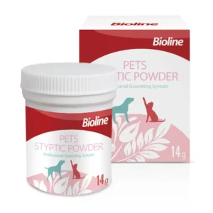 Bioline Pets Blood Stopper Styptic Powder 14g container, showing powder and a pet's paw after a nail trim, emphasizing quick and effective bleeding control for dogs and cats.