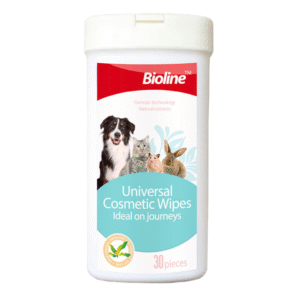 Bioline Universal Cosmetic Wipes 30 Pcs pack, showing a resealable package with wipes and a clean, happy dog and cat, emphasizing deep cleaning, hypoallergenic, and deodorizing benefits for pets.